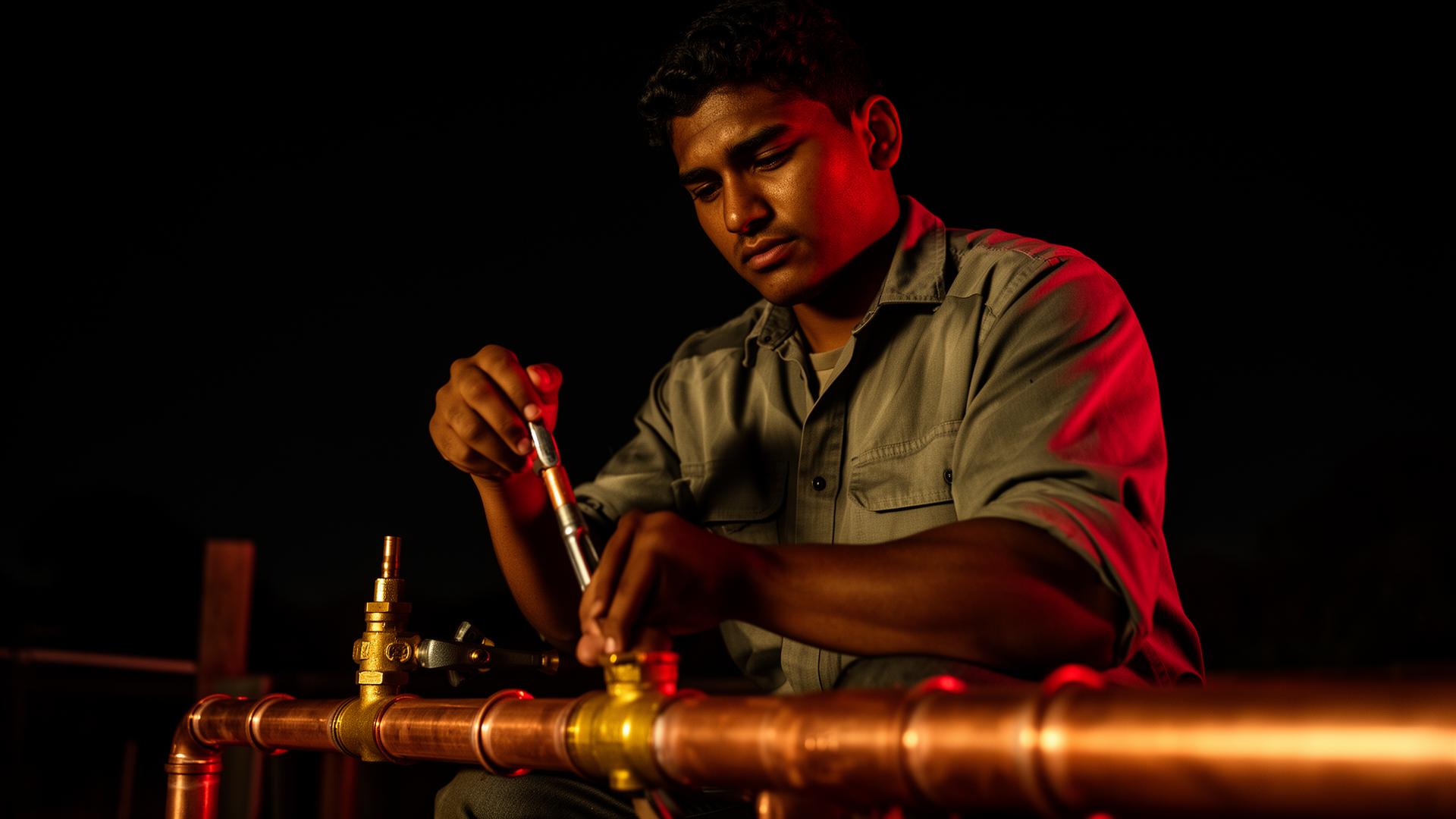 Indigenous plumber working with copper pipes